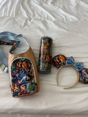 Disney Rose Gold Crossbody Water Bottle Bag with Blue Strap & Matching Ears